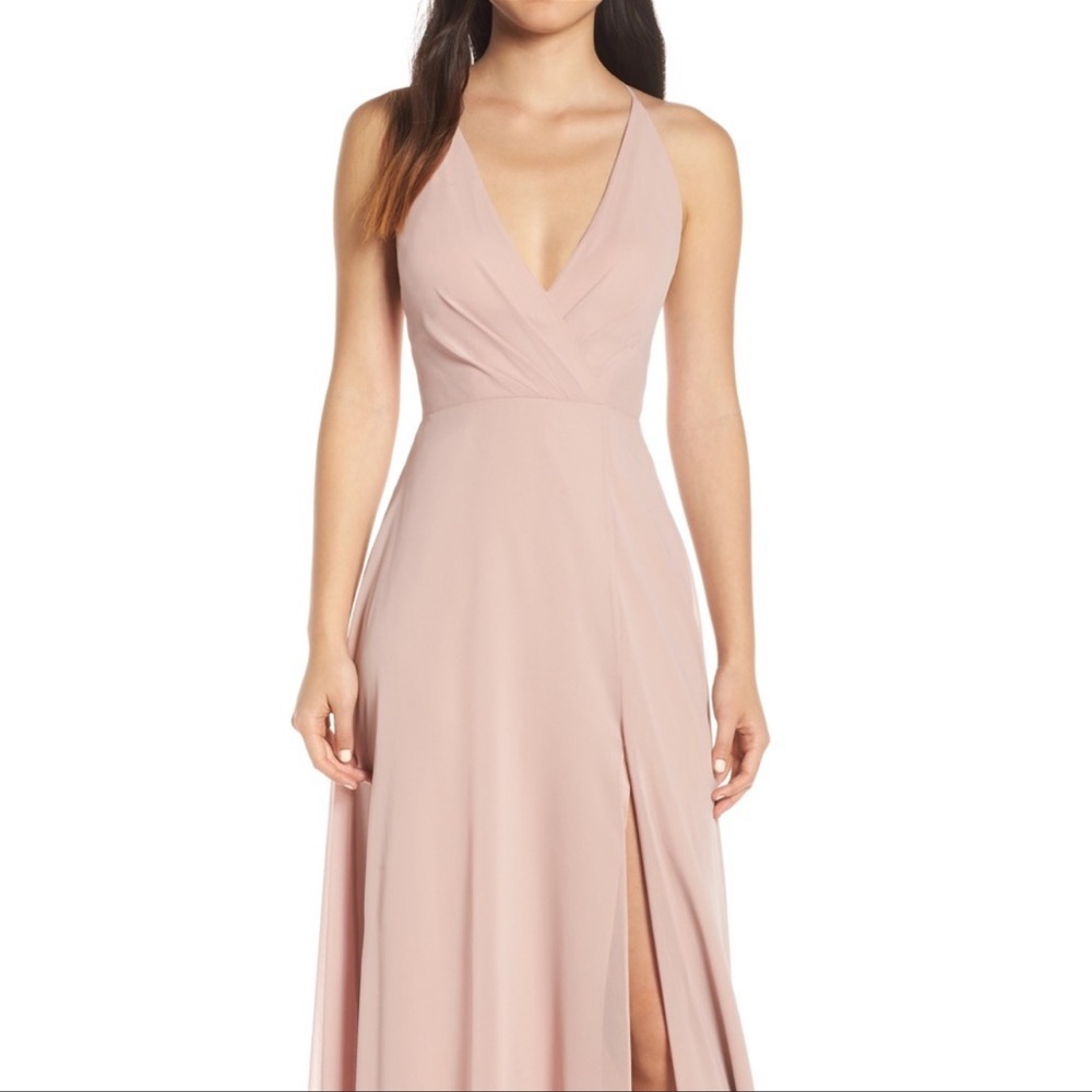 Jenny Yoo Whipped Apricot V-Neck Zip-Up Bridesmaid Chiffon Dress with Slit